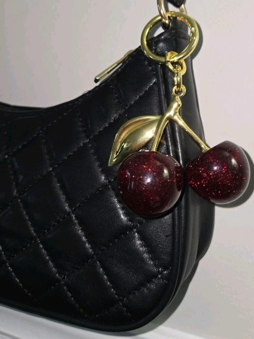 Black Quilted Shoulder Bag Glitter Cherry Charm Baguette Purse Y2K Coquette NWT